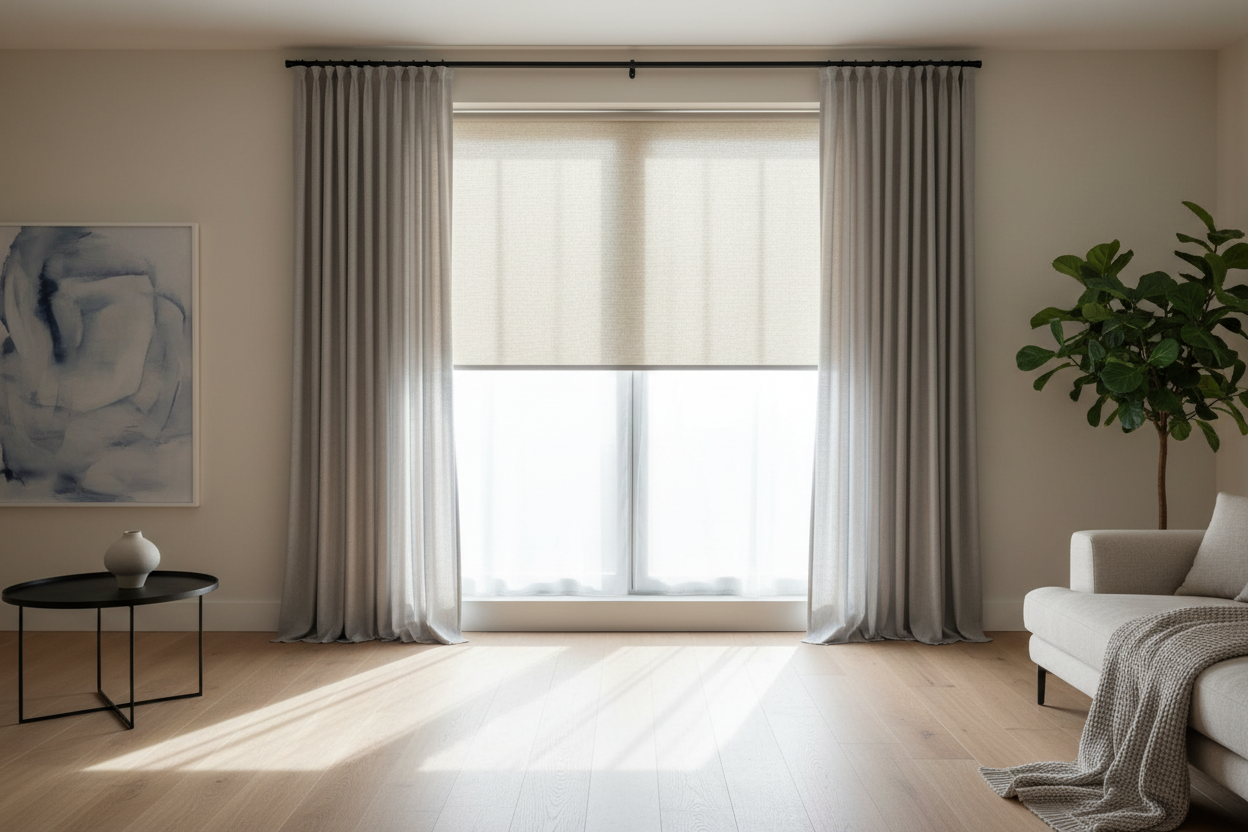 only have one big window, has roller shades and curtain.  